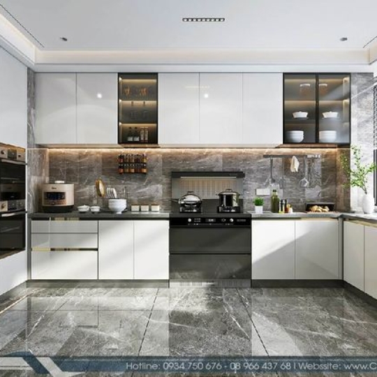 Tủ bếp cánh kính chữ U